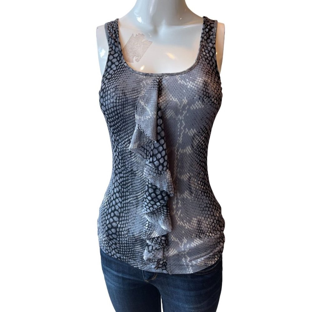 Express Womens Snake Print Mesh Ruffle Tank Top Scoop Neck Gray Black Size XS